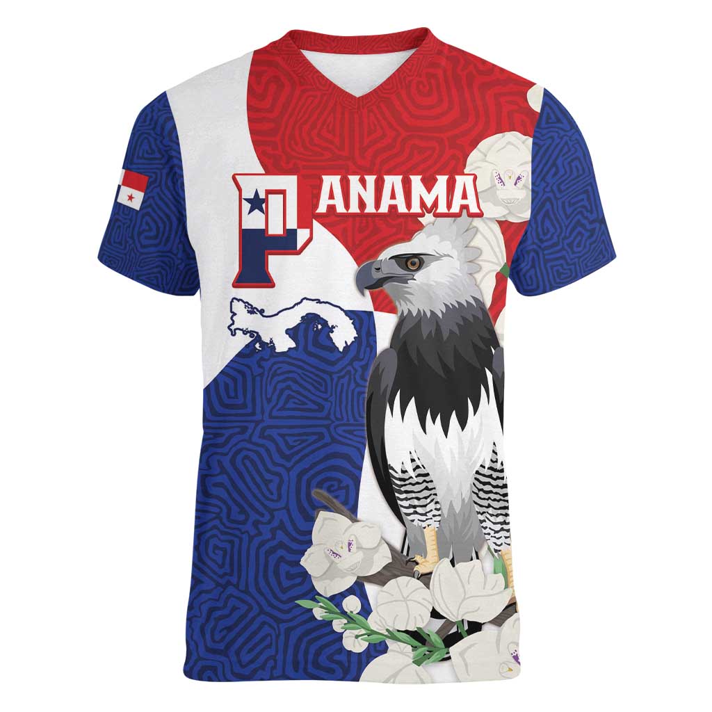 Panama Independence Day Women V-Neck T-Shirt Harpy Eagle With Mola Pattern - Flag Style - Wonder Print Shop