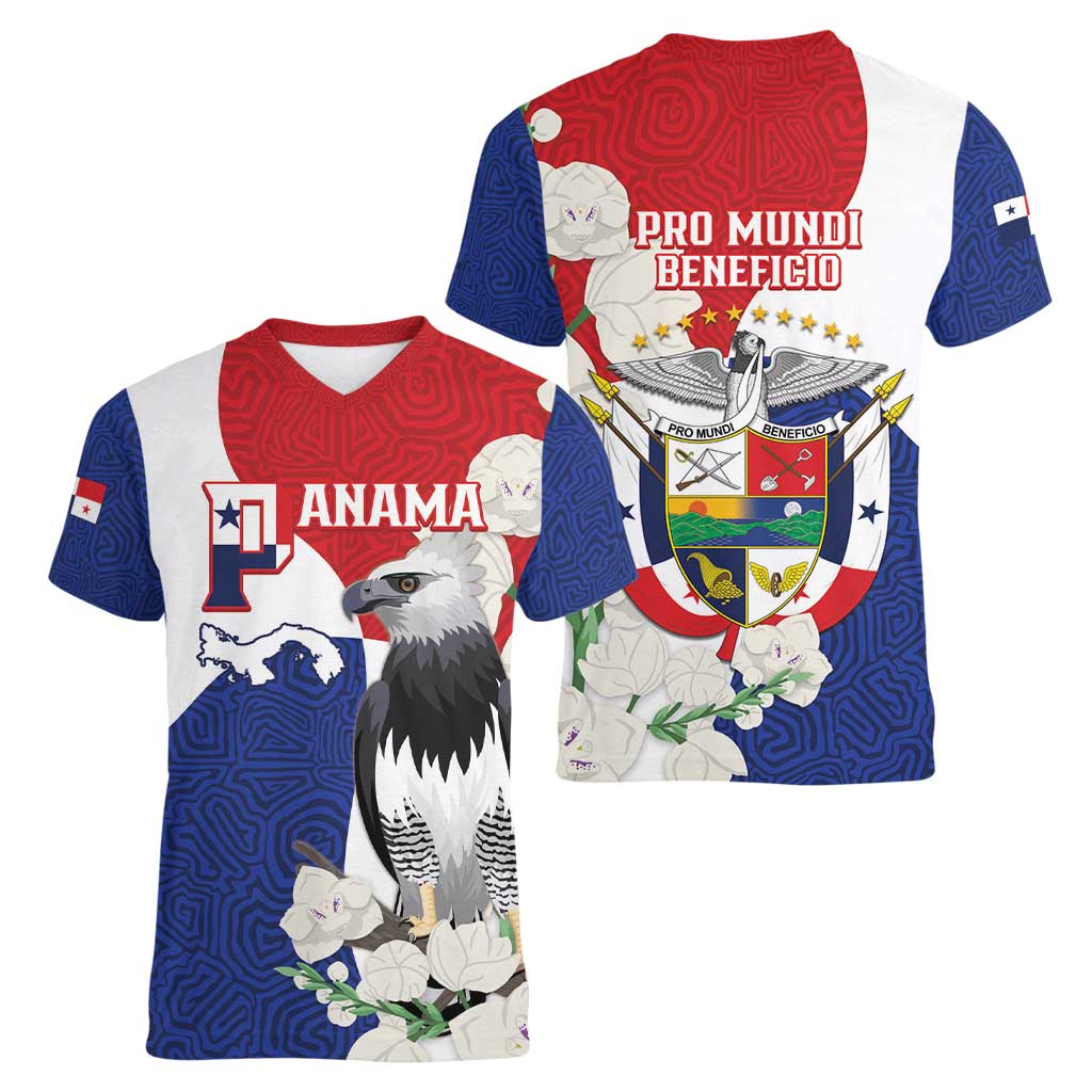 Panama Independence Day Women V-Neck T-Shirt Harpy Eagle With Mola Pattern - Flag Style - Wonder Print Shop
