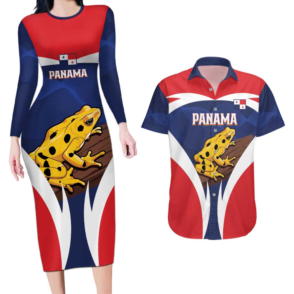 Panama Golden Frog Couples Matching Long Sleeve Bodycon Dress and Hawaiian Shirt Coat Of Arms - Sporty Style - Wonder Print Shop