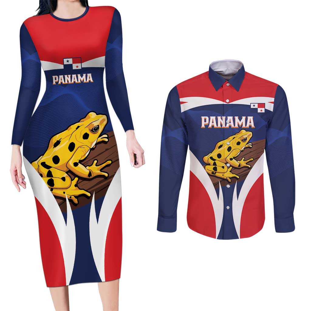 Panama Golden Frog Couples Matching Long Sleeve Bodycon Dress and Long Sleeve Button Shirt Coat Of Arms - Sporty Style - Wonder Print Shop