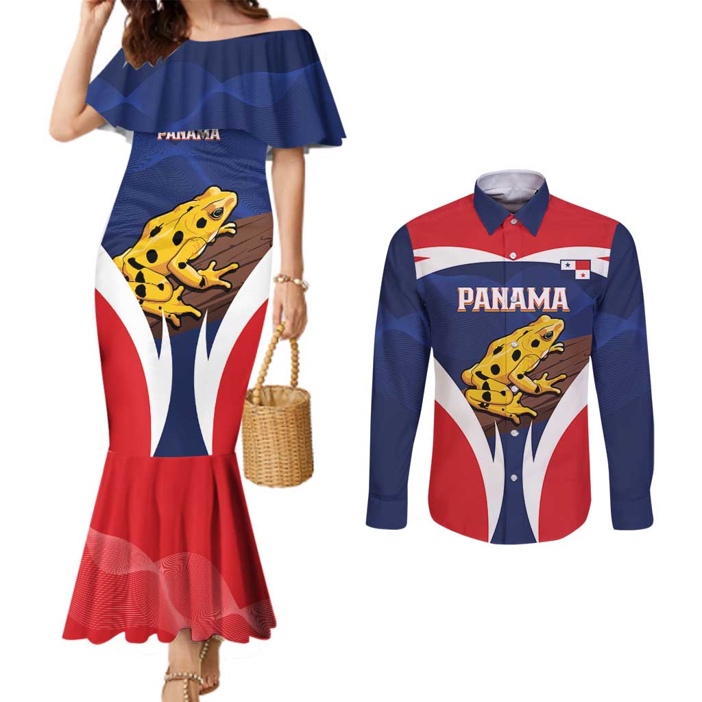 Panama Golden Frog Couples Matching Mermaid Dress and Long Sleeve Button Shirt Coat Of Arms - Sporty Style