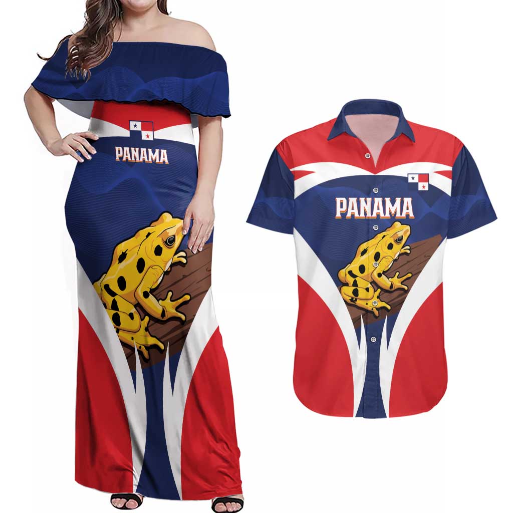 Panama Golden Frog Couples Matching Off Shoulder Maxi Dress and Hawaiian Shirt Coat Of Arms - Sporty Style - Wonder Print Shop