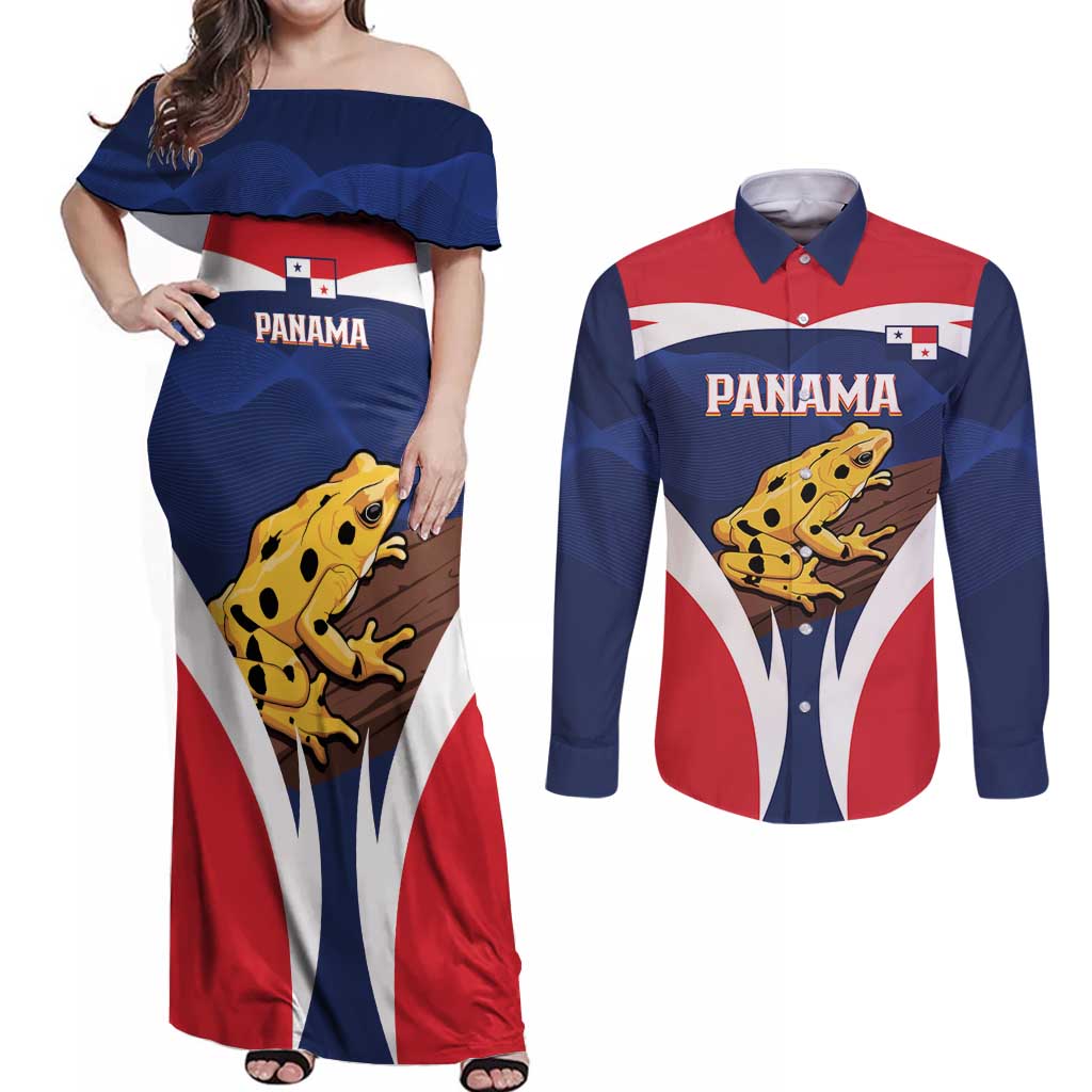 Panama Golden Frog Couples Matching Off Shoulder Maxi Dress and Long Sleeve Button Shirt Coat Of Arms - Sporty Style - Wonder Print Shop