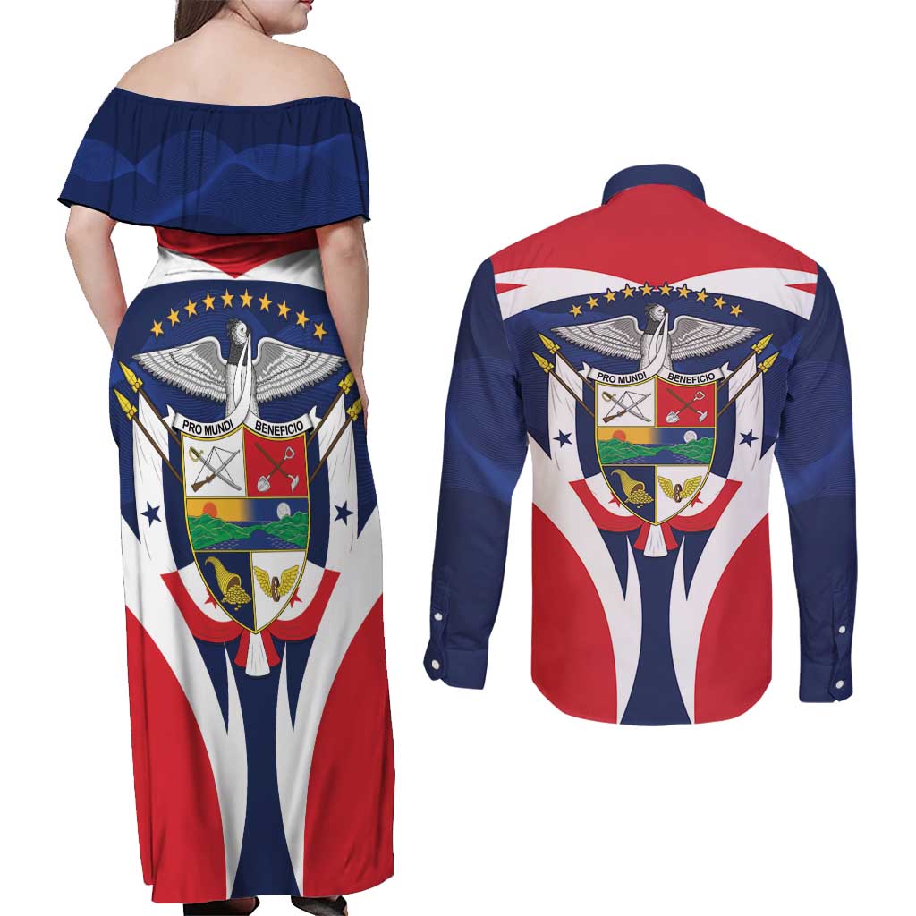 Panama Golden Frog Couples Matching Off Shoulder Maxi Dress and Long Sleeve Button Shirt Coat Of Arms - Sporty Style - Wonder Print Shop