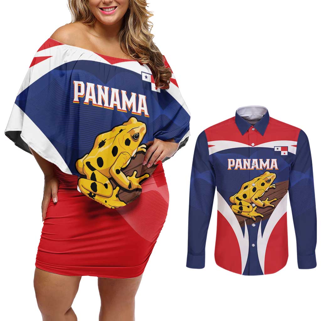 Panama Golden Frog Couples Matching Off Shoulder Short Dress and Long Sleeve Button Shirt Coat Of Arms - Sporty Style - Wonder Print Shop