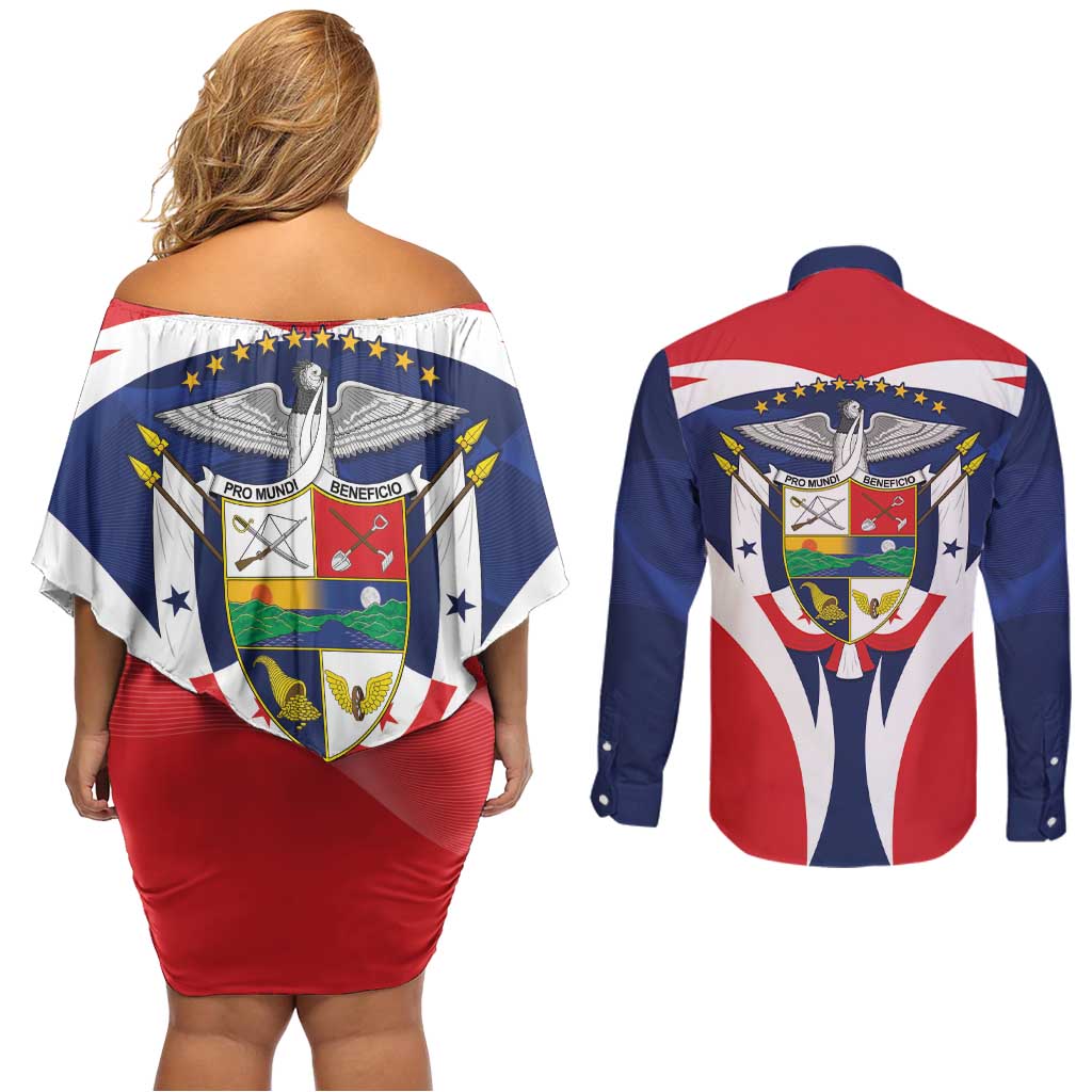 Panama Golden Frog Couples Matching Off Shoulder Short Dress and Long Sleeve Button Shirt Coat Of Arms - Sporty Style - Wonder Print Shop