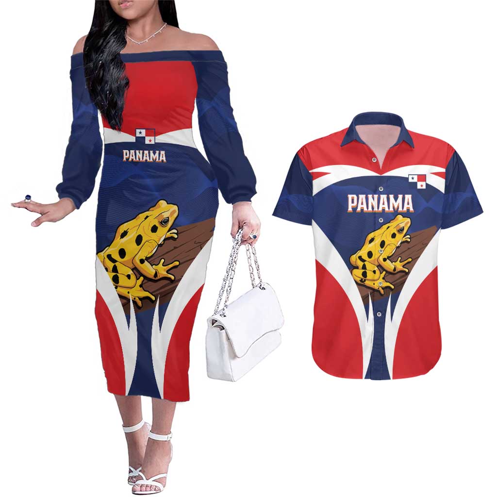 Panama Golden Frog Couples Matching Off The Shoulder Long Sleeve Dress and Hawaiian Shirt Coat Of Arms - Sporty Style - Wonder Print Shop