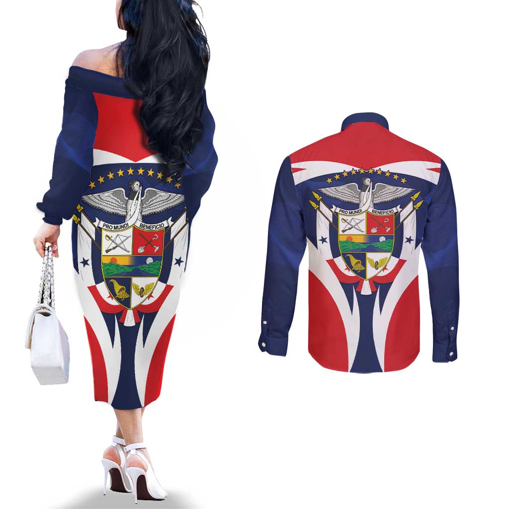 Panama Golden Frog Couples Matching Off The Shoulder Long Sleeve Dress and Long Sleeve Button Shirt Coat Of Arms - Sporty Style