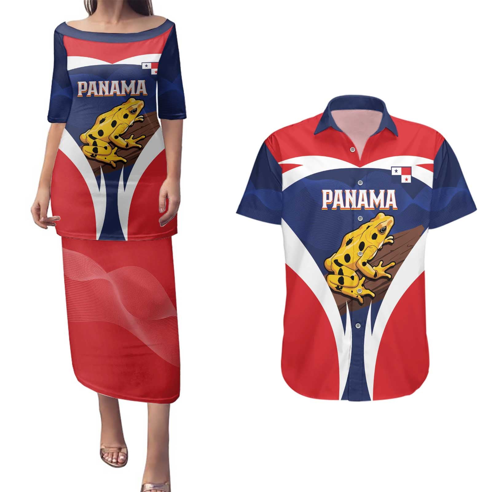 Panama Golden Frog Couples Matching Puletasi and Hawaiian Shirt Coat Of Arms - Sporty Style - Wonder Print Shop