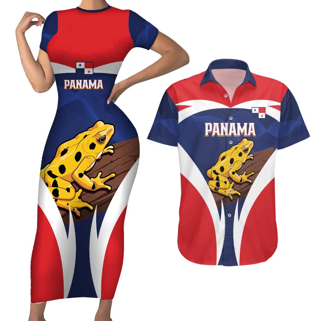 Panama Golden Frog Couples Matching Short Sleeve Bodycon Dress and Hawaiian Shirt Coat Of Arms - Sporty Style - Wonder Print Shop