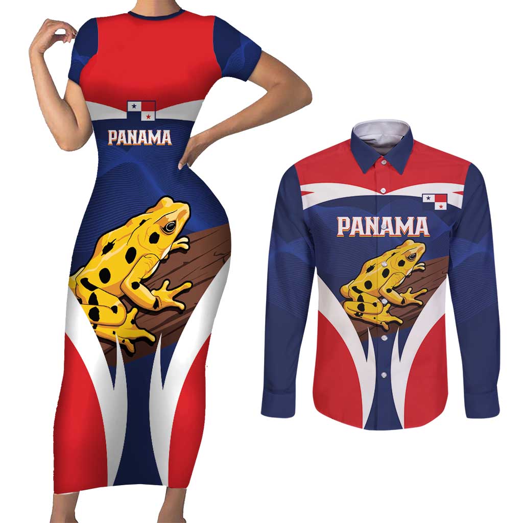 Panama Golden Frog Couples Matching Short Sleeve Bodycon Dress and Long Sleeve Button Shirt Coat Of Arms - Sporty Style - Wonder Print Shop