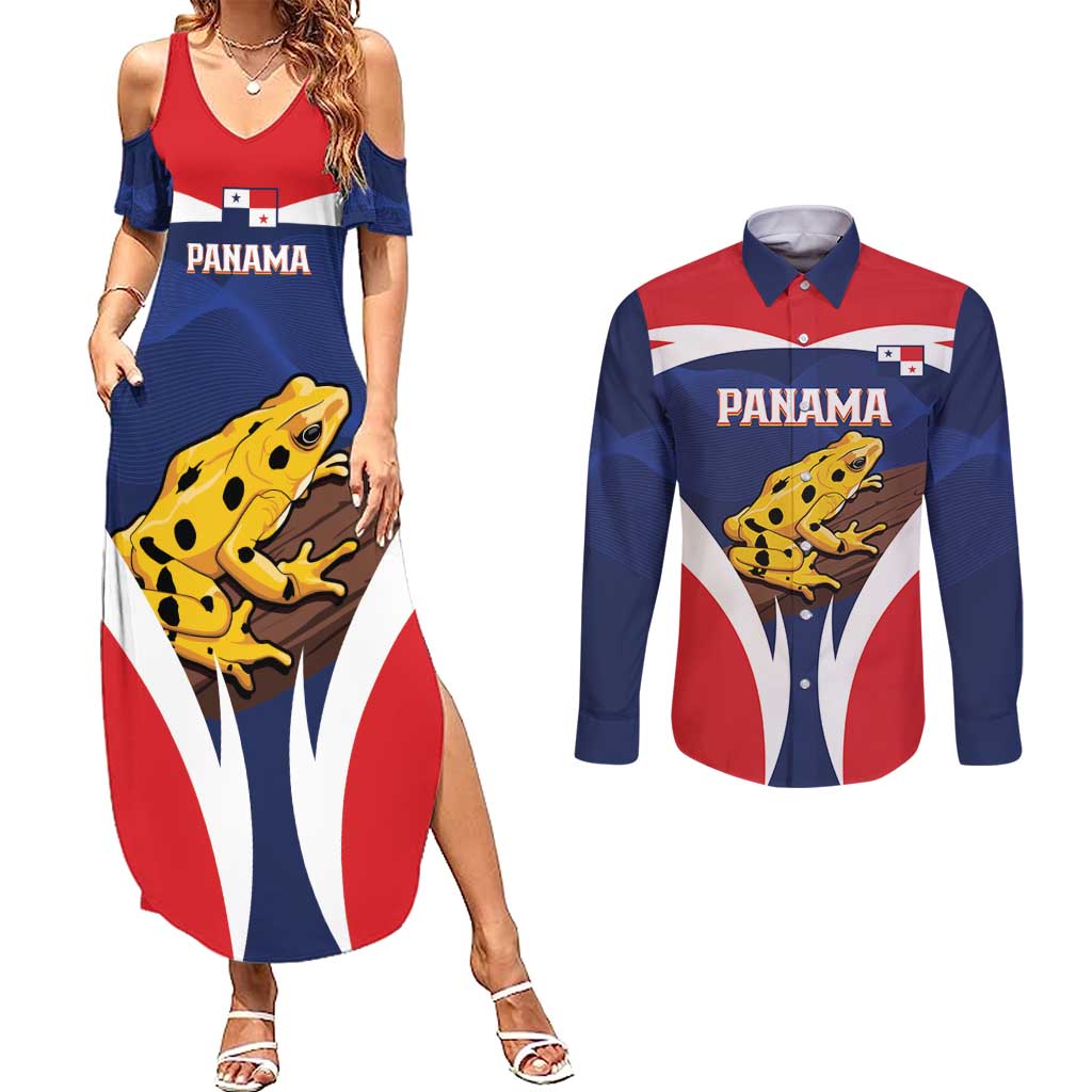 Panama Golden Frog Couples Matching Summer Maxi Dress and Long Sleeve Button Shirt Coat Of Arms - Sporty Style - Wonder Print Shop