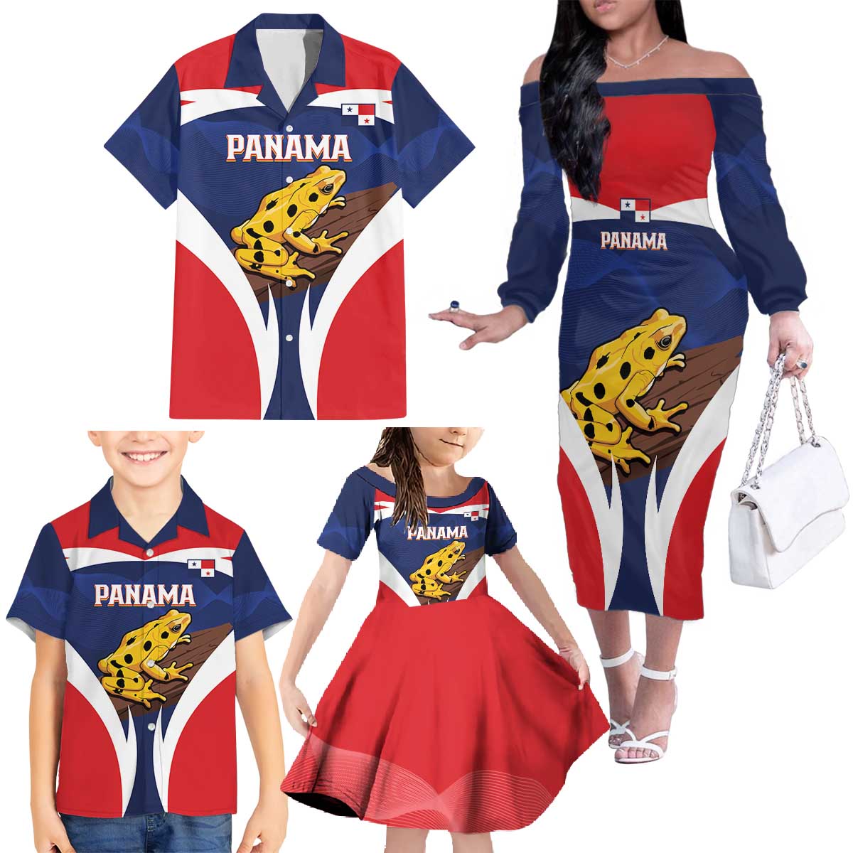 Panama Golden Frog Family Matching Off The Shoulder Long Sleeve Dress and Hawaiian Shirt Coat Of Arms - Sporty Style - Wonder Print Shop