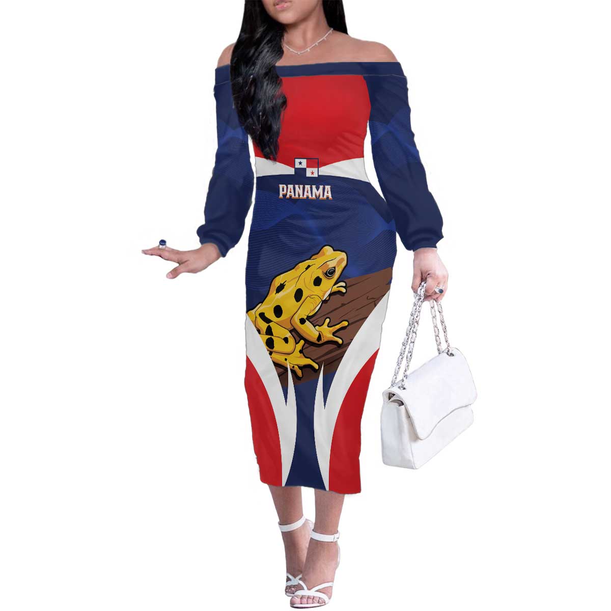 Panama Golden Frog Family Matching Off The Shoulder Long Sleeve Dress and Hawaiian Shirt Coat Of Arms - Sporty Style - Wonder Print Shop