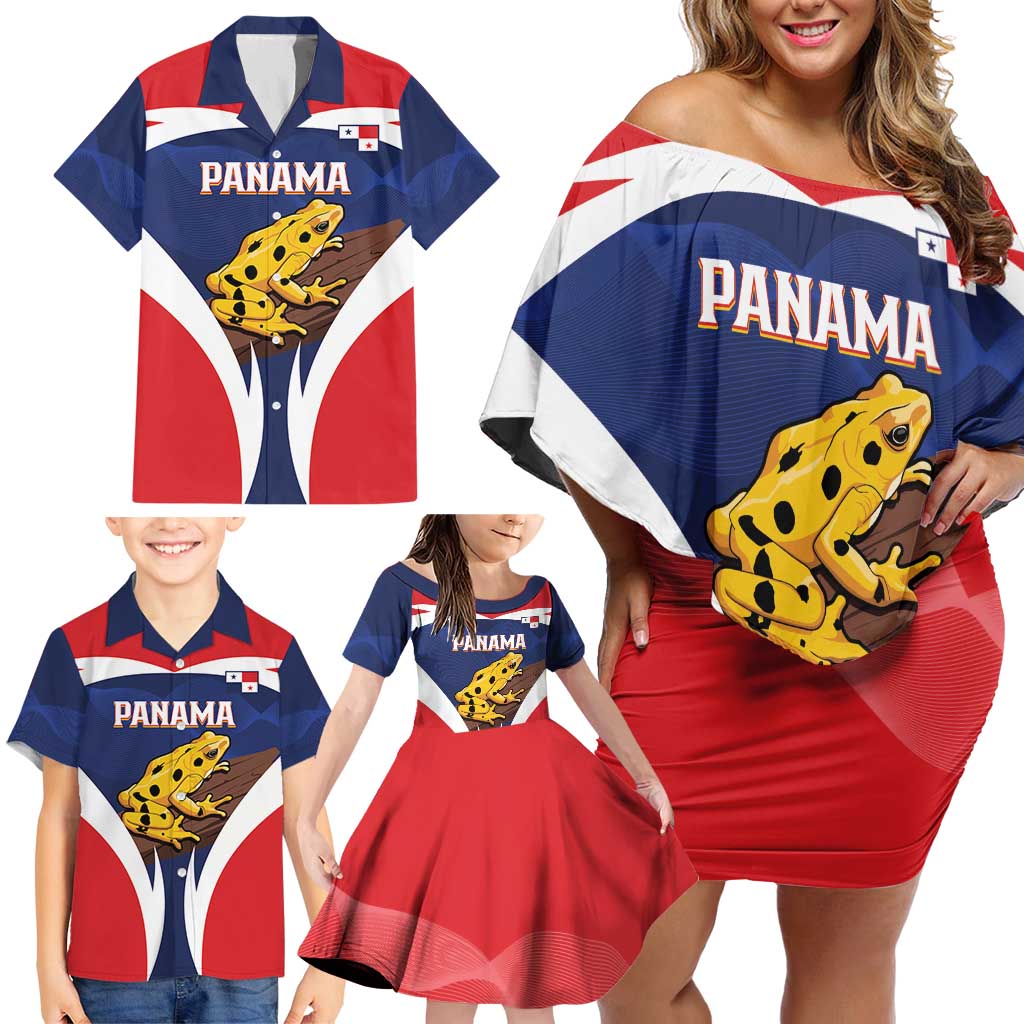 Panama Golden Frog Family Matching Off Shoulder Short Dress and Hawaiian Shirt Coat Of Arms - Sporty Style - Wonder Print Shop