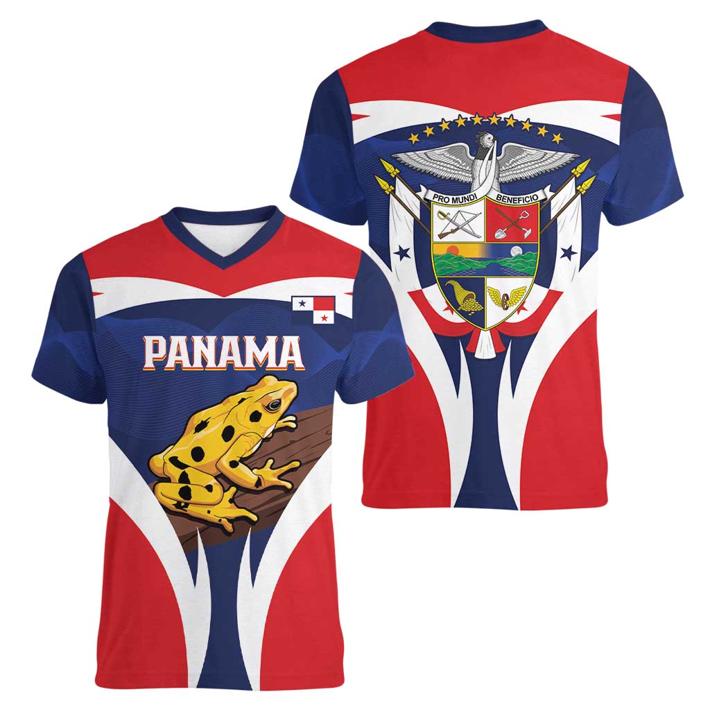 Panama Golden Frog Women V-Neck T-Shirt Coat Of Arms - Sporty Style - Wonder Print Shop
