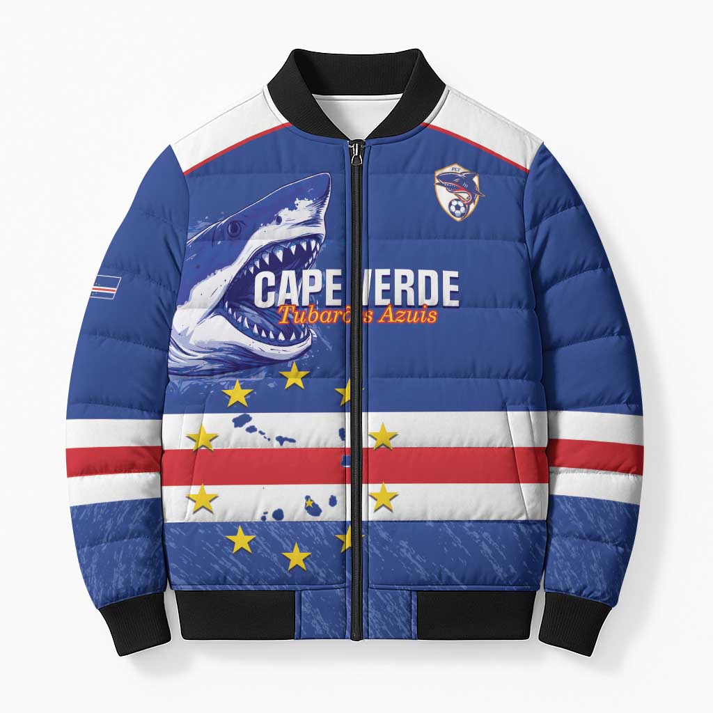 Cape Verde Football Custom Bomber Puffer Jacket Come On Tubaroes Azuis Shark - Wonder Print Shop