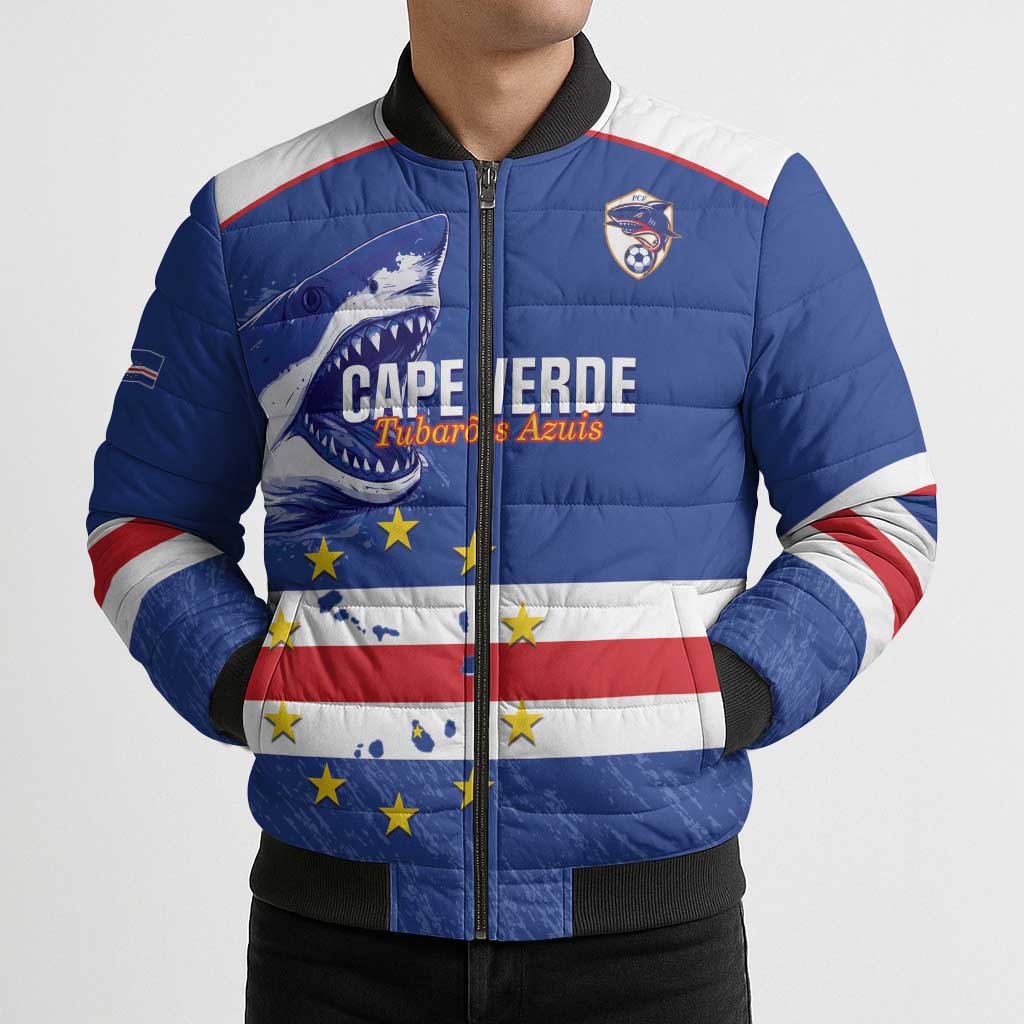 Cape Verde Football Custom Bomber Puffer Jacket Come On Tubaroes Azuis Shark - Wonder Print Shop