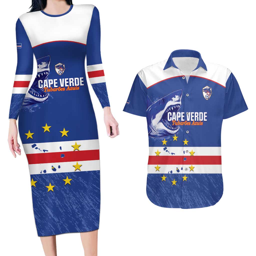 Cape Verde Football Custom Couples Matching Long Sleeve Bodycon Dress and Hawaiian Shirt Come On Tubaroes Azuis Shark - Wonder Print Shop