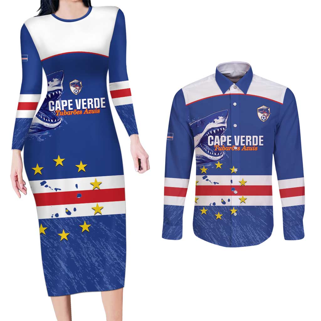 Cape Verde Football Custom Couples Matching Long Sleeve Bodycon Dress and Long Sleeve Button Shirt Come On Tubaroes Azuis Shark - Wonder Print Shop