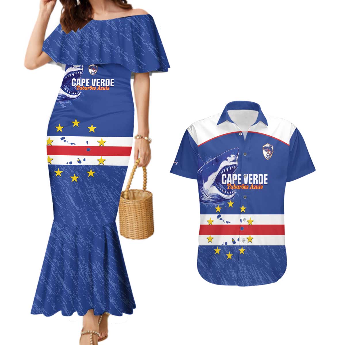 Cape Verde Football Custom Couples Matching Mermaid Dress and Hawaiian Shirt Come On Tubaroes Azuis Shark - Wonder Print Shop