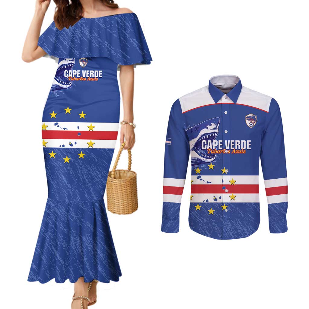 Cape Verde Football Custom Couples Matching Mermaid Dress and Long Sleeve Button Shirt Come On Tubaroes Azuis Shark - Wonder Print Shop