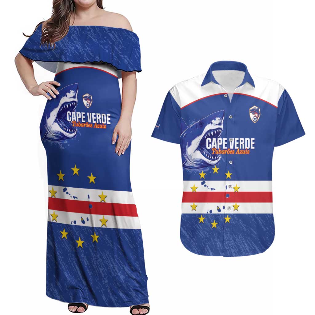 Cape Verde Football Custom Couples Matching Off Shoulder Maxi Dress and Hawaiian Shirt Come On Tubaroes Azuis Shark - Wonder Print Shop