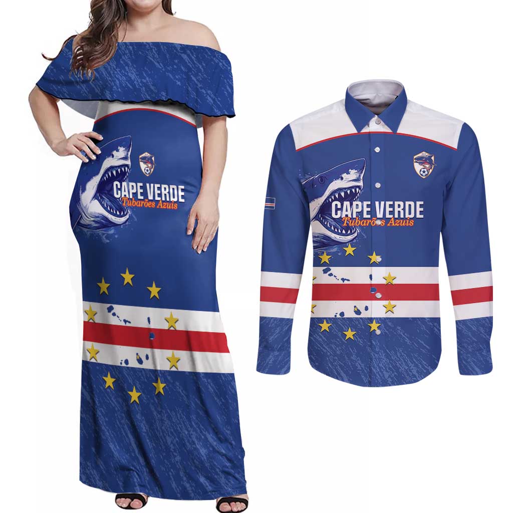 Cape Verde Football Custom Couples Matching Off Shoulder Maxi Dress and Long Sleeve Button Shirt Come On Tubaroes Azuis Shark - Wonder Print Shop