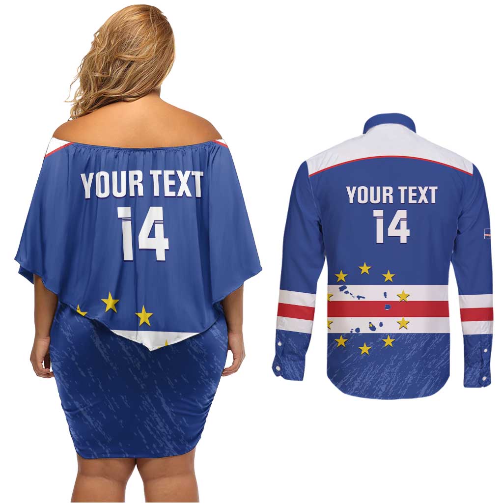 Cape Verde Football Custom Couples Matching Off Shoulder Short Dress and Long Sleeve Button Shirt Come On Tubaroes Azuis Shark - Wonder Print Shop