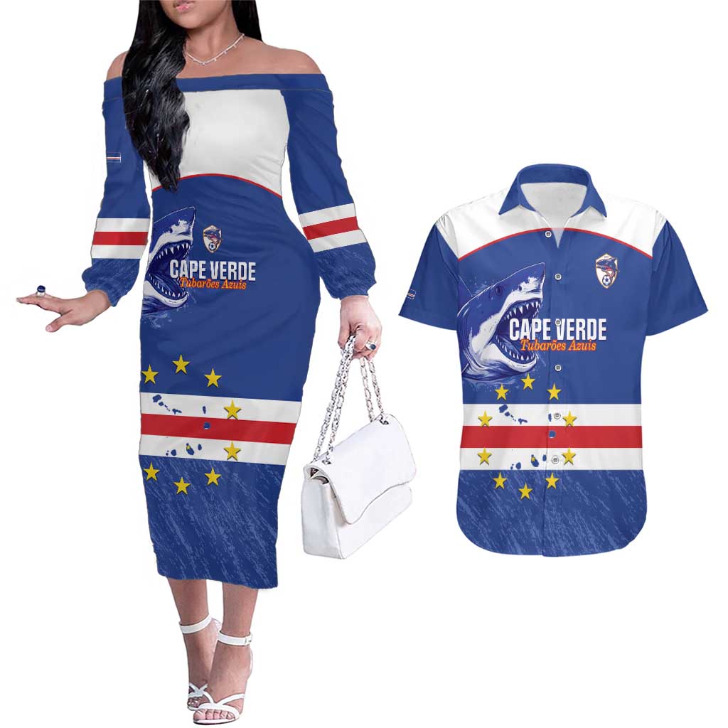 Cape Verde Football Custom Couples Matching Off The Shoulder Long Sleeve Dress and Hawaiian Shirt Come On Tubaroes Azuis Shark - Wonder Print Shop