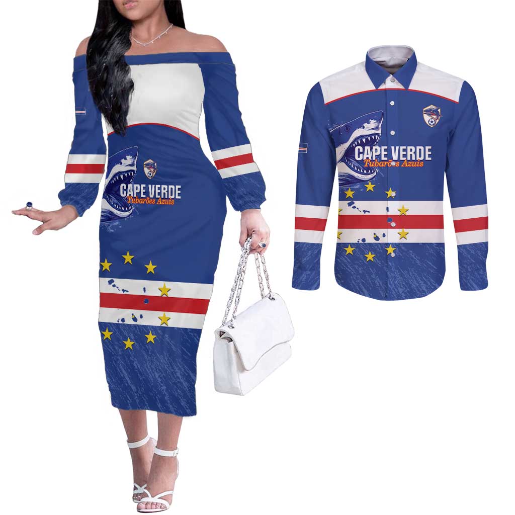 Cape Verde Football Custom Couples Matching Off The Shoulder Long Sleeve Dress and Long Sleeve Button Shirt Come On Tubaroes Azuis Shark - Wonder Print Shop