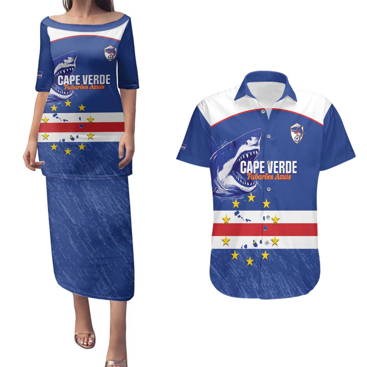 Cape Verde Football Custom Couples Matching Puletasi and Hawaiian Shirt Come On Tubaroes Azuis Shark - Wonder Print Shop