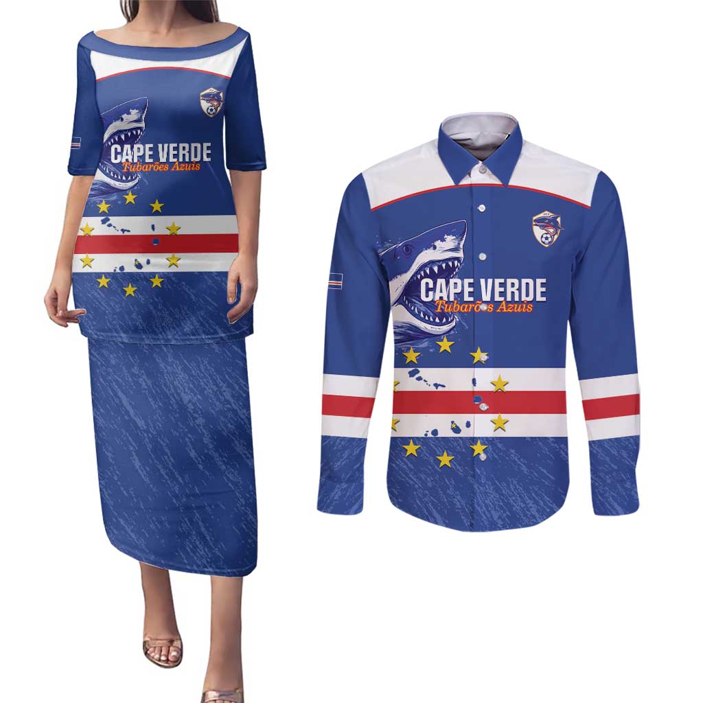 Cape Verde Football Custom Couples Matching Puletasi and Long Sleeve Button Shirt Come On Tubaroes Azuis Shark - Wonder Print Shop