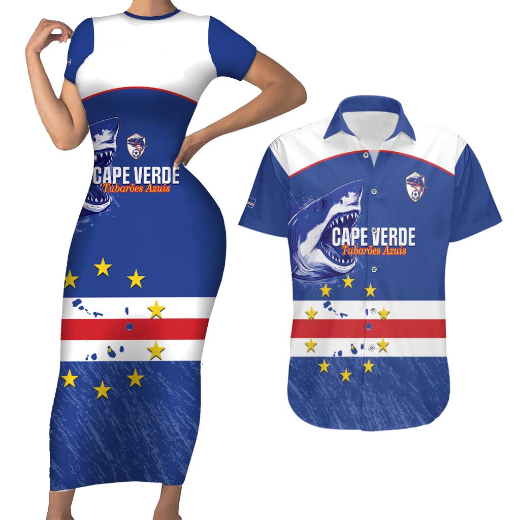 Cape Verde Football Custom Couples Matching Short Sleeve Bodycon Dress and Hawaiian Shirt Come On Tubaroes Azuis Shark - Wonder Print Shop