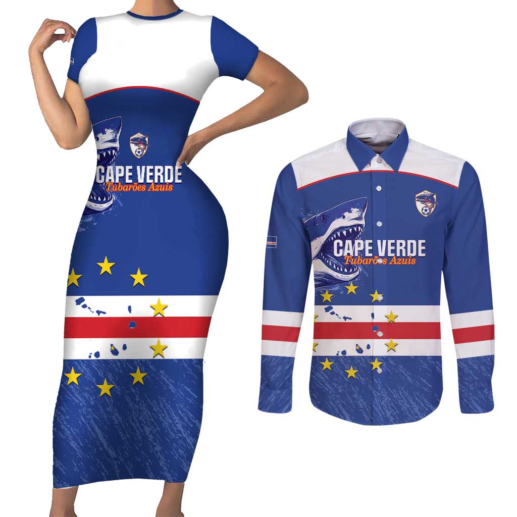Cape Verde Football Custom Couples Matching Short Sleeve Bodycon Dress and Long Sleeve Button Shirt Come On Tubaroes Azuis Shark - Wonder Print Shop
