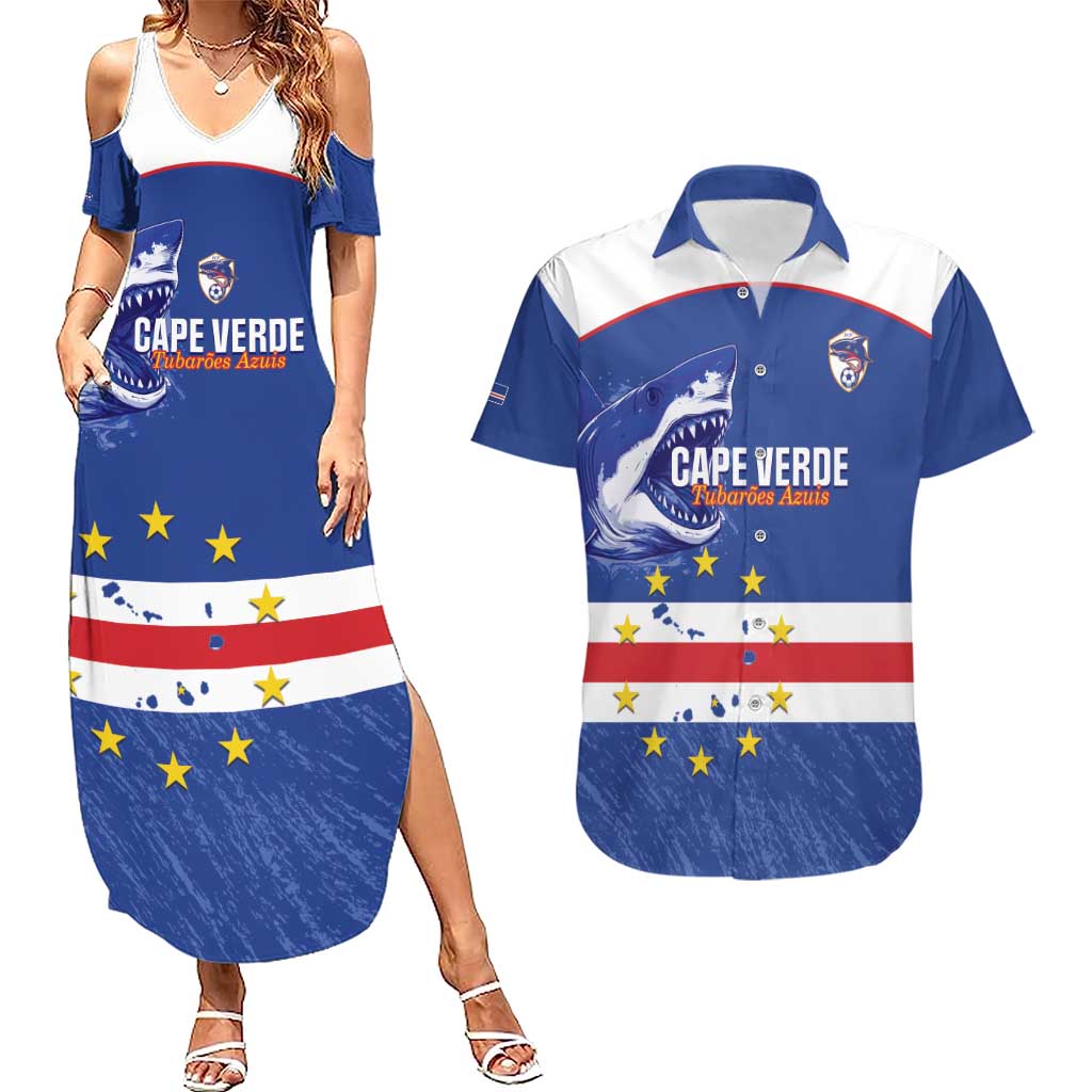 Cape Verde Football Custom Couples Matching Summer Maxi Dress and Hawaiian Shirt Come On Tubaroes Azuis Shark - Wonder Print Shop