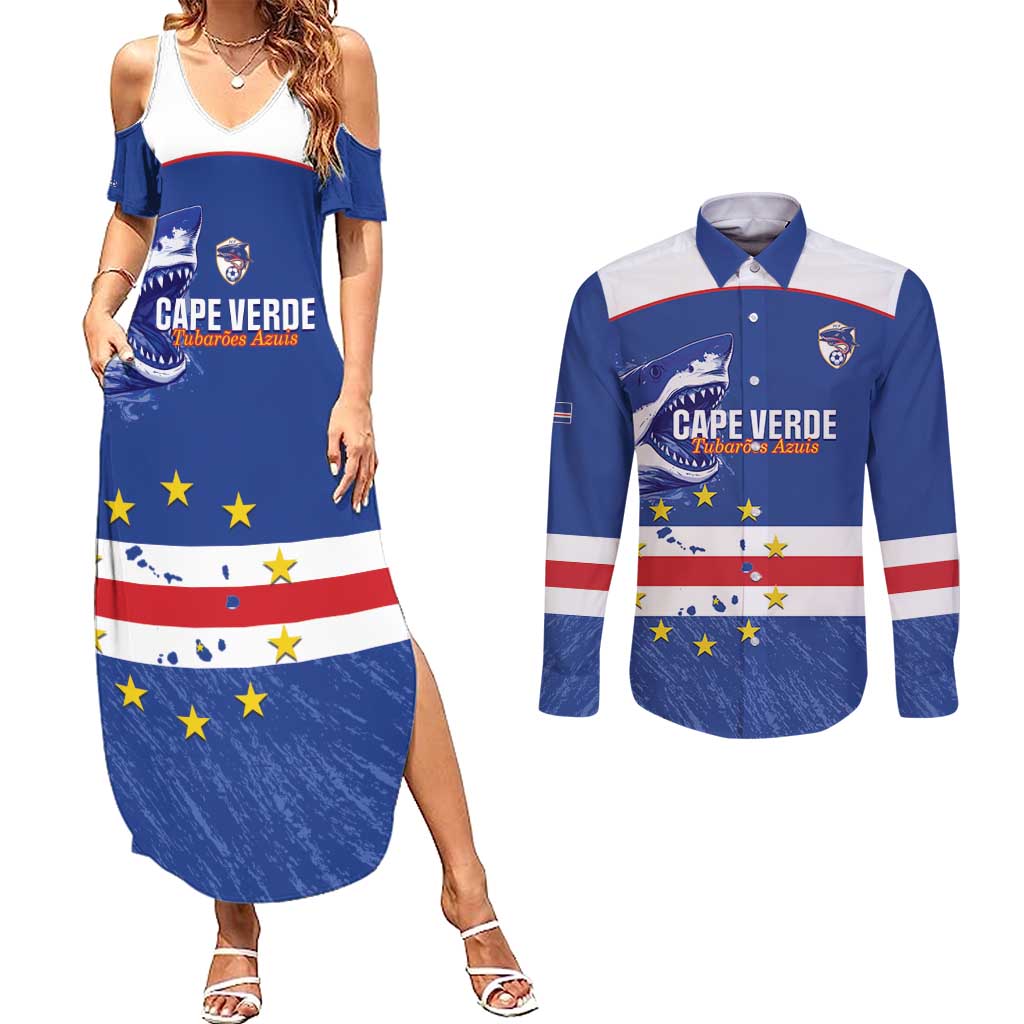 Cape Verde Football Custom Couples Matching Summer Maxi Dress and Long Sleeve Button Shirt Come On Tubaroes Azuis Shark - Wonder Print Shop