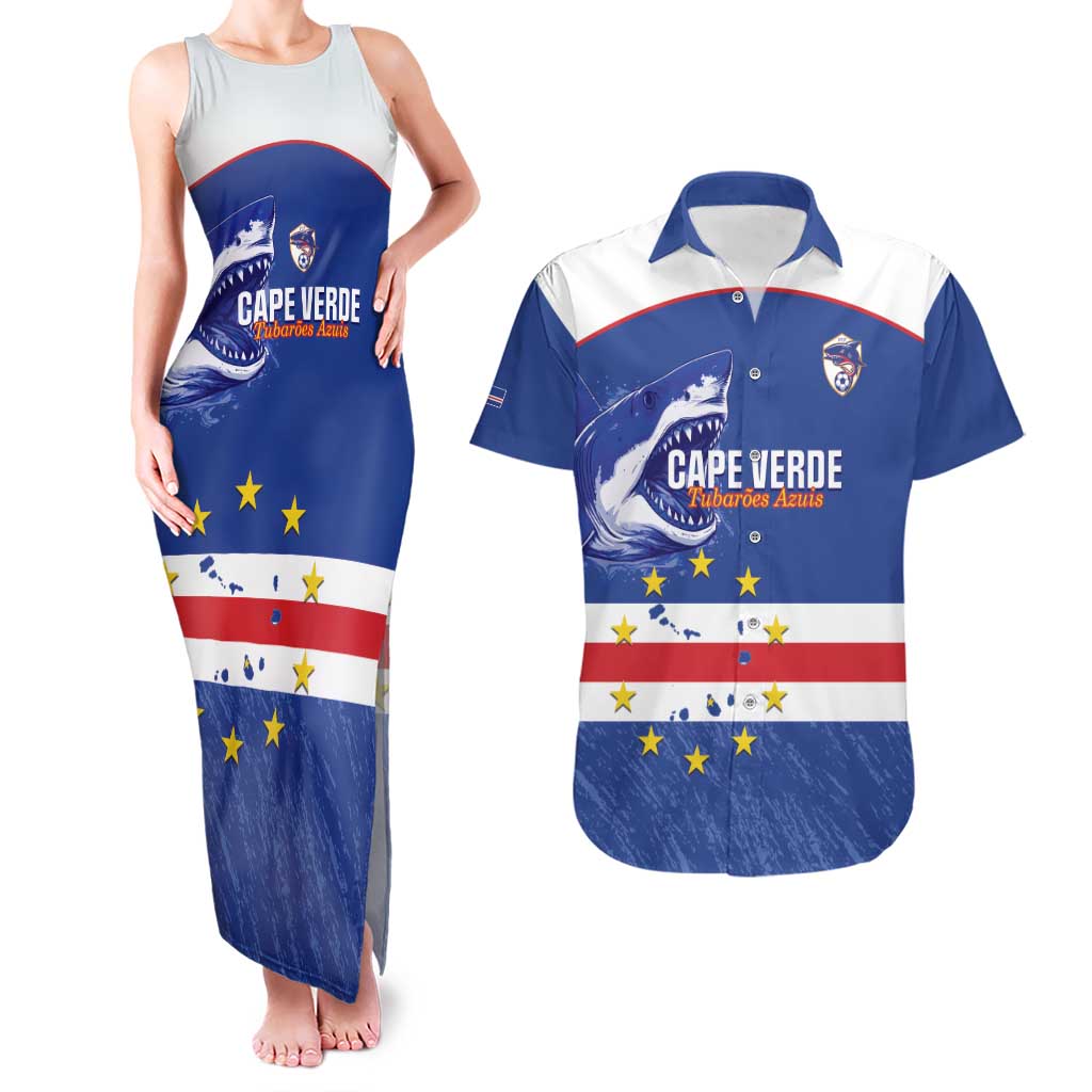 Cape Verde Football Custom Couples Matching Tank Maxi Dress and Hawaiian Shirt Come On Tubaroes Azuis Shark - Wonder Print Shop
