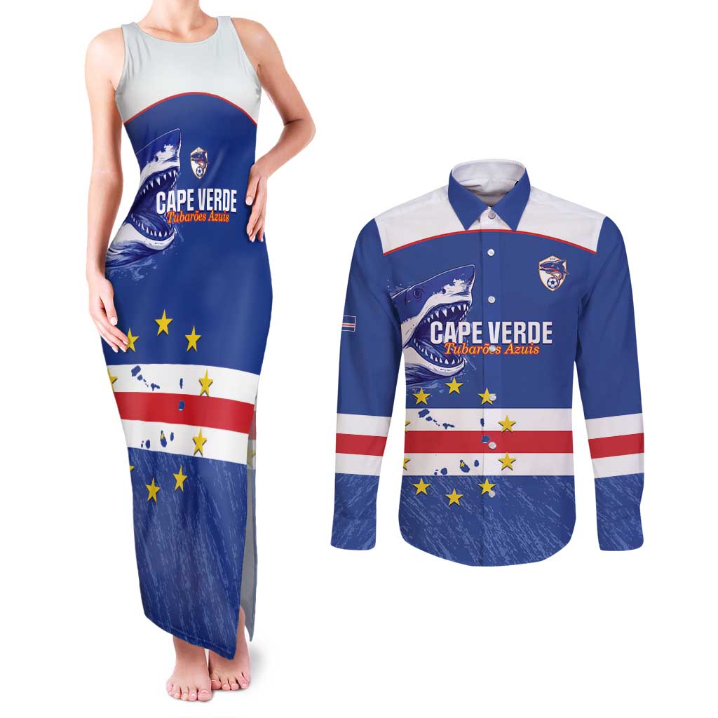 Cape Verde Football Custom Couples Matching Tank Maxi Dress and Long Sleeve Button Shirt Come On Tubaroes Azuis Shark - Wonder Print Shop