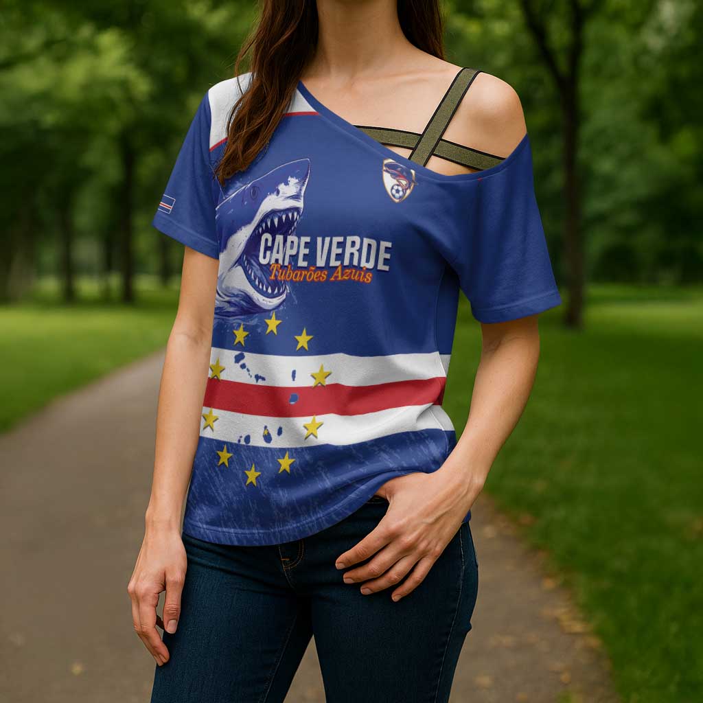 Cape Verde Football Custom Cross Shoulder Shirt Come On Tubaroes Azuis Shark - Wonder Print Shop