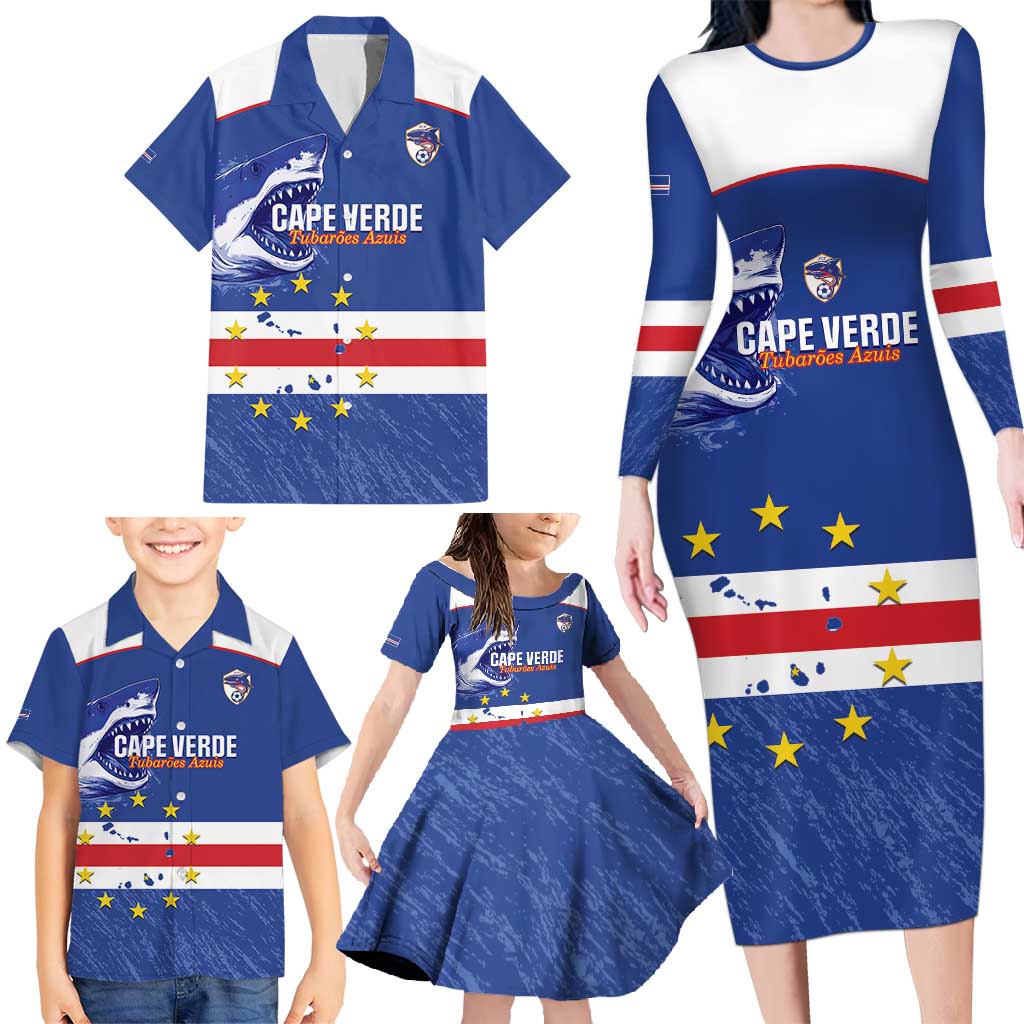 Cape Verde Football Custom Family Matching Long Sleeve Bodycon Dress and Hawaiian Shirt Come On Tubaroes Azuis Shark - Wonder Print Shop
