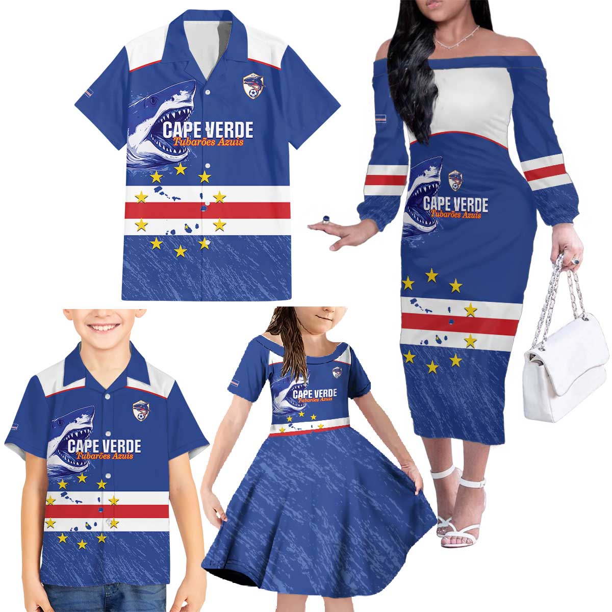Cape Verde Football Custom Family Matching Off The Shoulder Long Sleeve Dress and Hawaiian Shirt Come On Tubaroes Azuis Shark - Wonder Print Shop