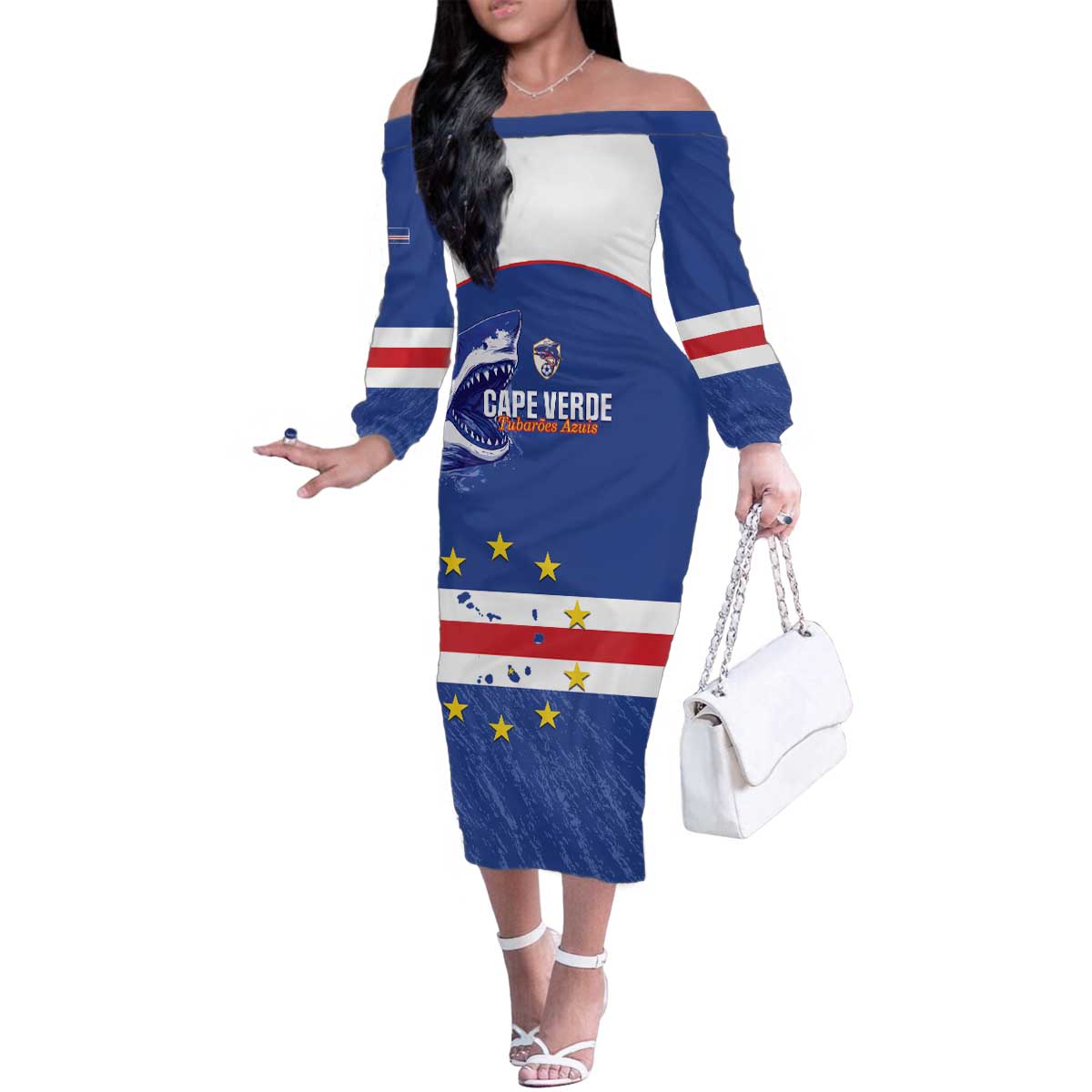 Cape Verde Football Custom Family Matching Off The Shoulder Long Sleeve Dress and Hawaiian Shirt Come On Tubaroes Azuis Shark - Wonder Print Shop