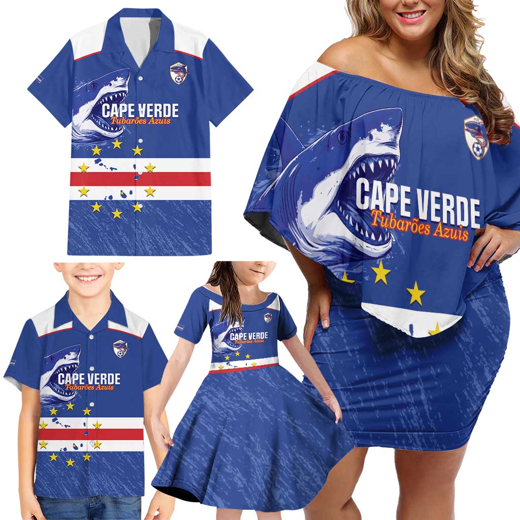 Cape Verde Football Custom Family Matching Off Shoulder Short Dress and Hawaiian Shirt Come On Tubaroes Azuis Shark - Wonder Print Shop