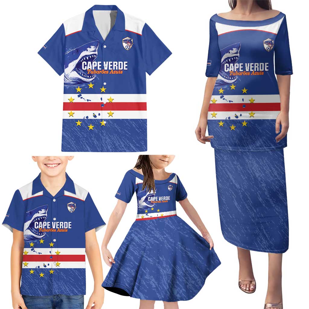 Cape Verde Football Custom Family Matching Puletasi and Hawaiian Shirt Come On Tubaroes Azuis Shark - Wonder Print Shop