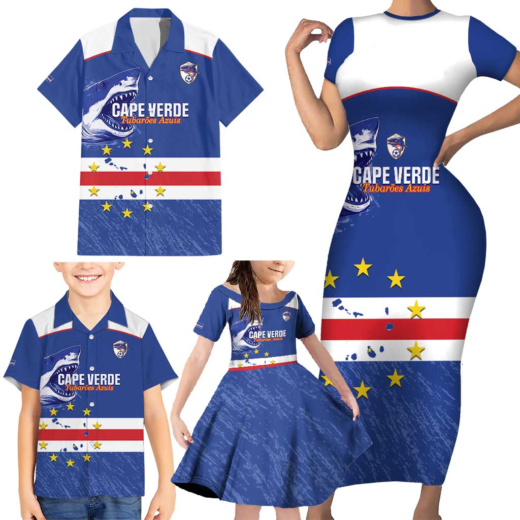 Cape Verde Football Custom Family Matching Short Sleeve Bodycon Dress and Hawaiian Shirt Come On Tubaroes Azuis Shark - Wonder Print Shop