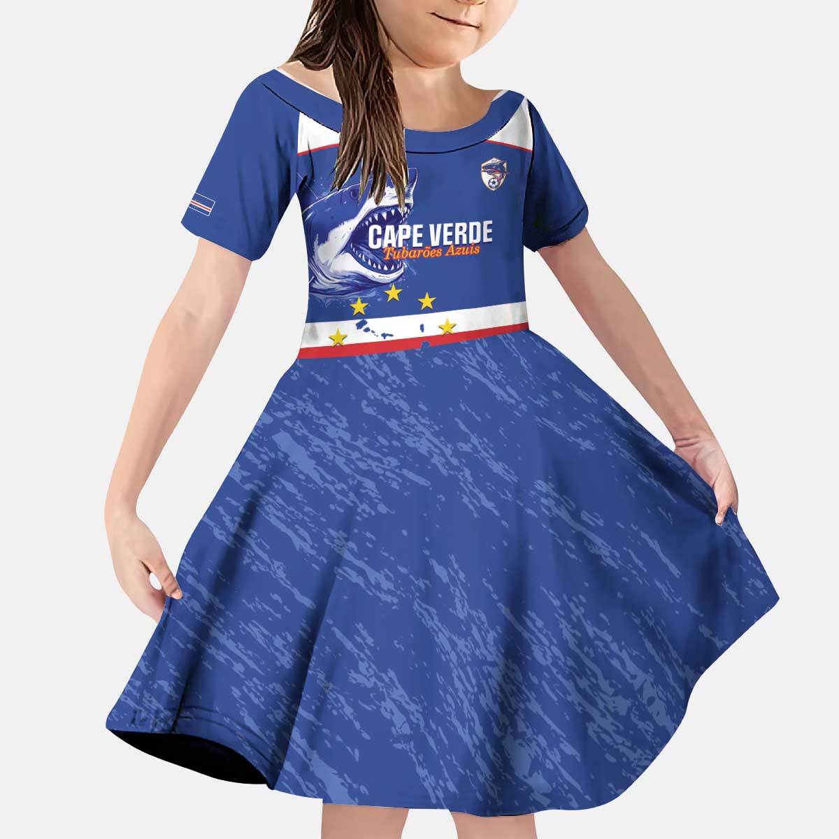 Cape Verde Football Custom Kid Short Sleeve Dress Come On Tubaroes Azuis Shark - Wonder Print Shop