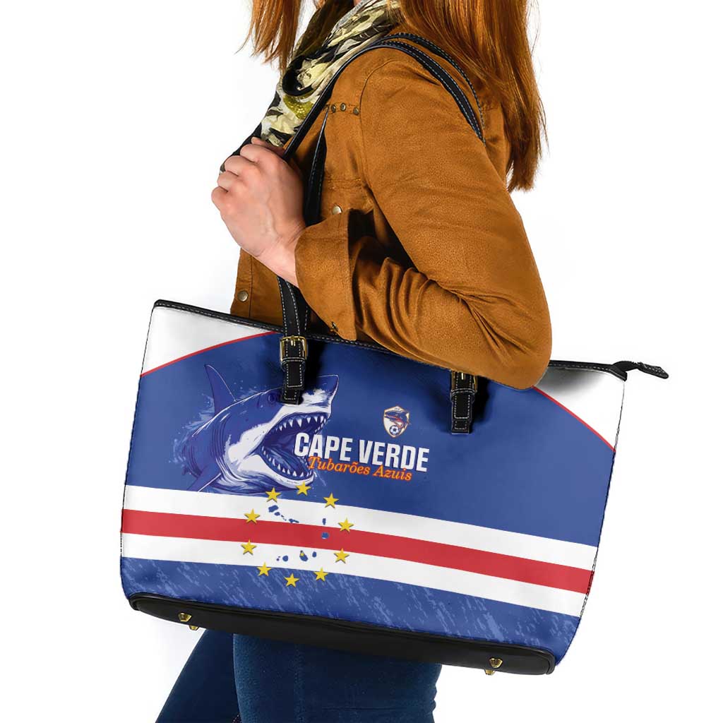 Cape Verde Football Leather Tote Bag Come On Tubaroes Azuis Shark - Wonder Print Shop