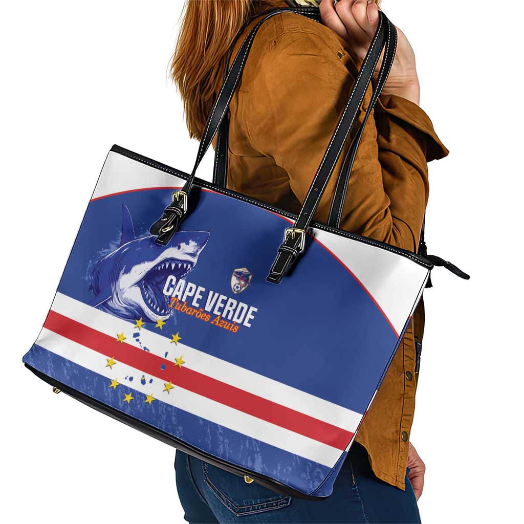 Cape Verde Football Leather Tote Bag Come On Tubaroes Azuis Shark - Wonder Print Shop