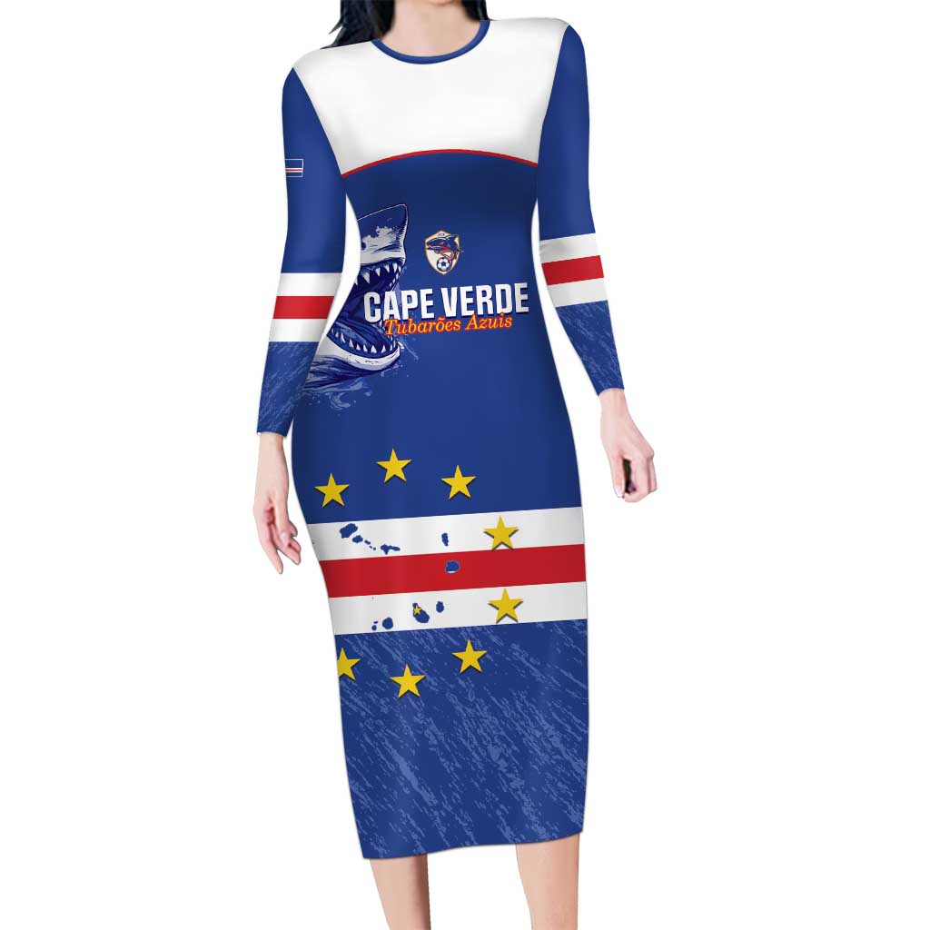 Cape Verde Football Custom Long Sleeve Bodycon Dress Come On Tubaroes Azuis Shark - Wonder Print Shop